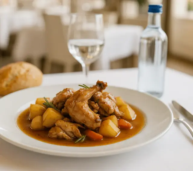 Conejo guisado con patatas y zanahorias en un plato blanco, acompañado de pan y agua.