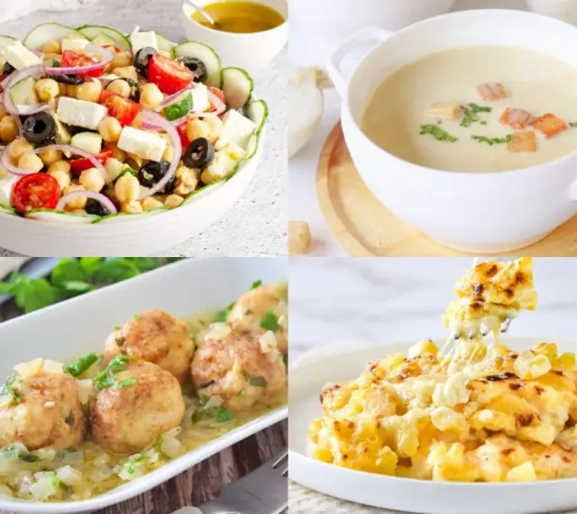 Cuatro platos de comida: ensalada de garbanzos, sopa cremosa, albóndigas y macarrones con queso.
