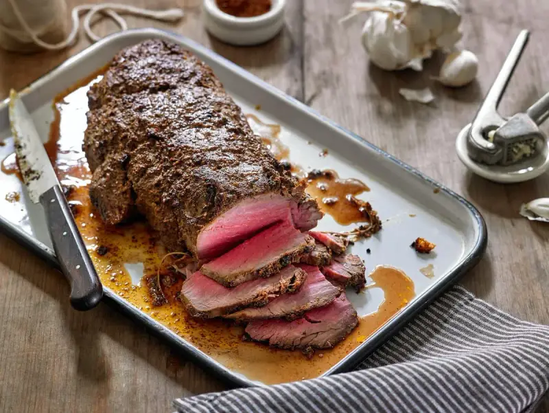 Roast beef jugoso y rosado en una bandeja, con un cuchillo y ajos al fondo.